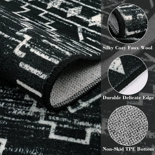 Miniatura 3 de Wonnitar Alfombra Marroquí de 3x5 Pies, Alfombra Pequeña Lavable Negra para Dormitorio, Tapete de Entrada Antideslizante Geométrico Tribal, Alfombra