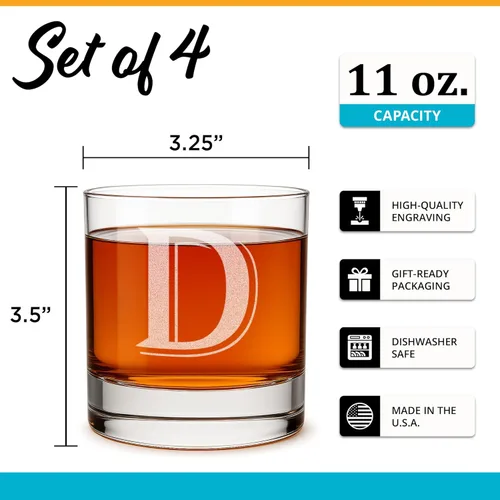 Miniatura 3 de Regalos con monograma para hombres – 4 vasos de whisky personalizados de 11 onzas (monograma D) – Vasos de whisky grabados – Vasos rocks