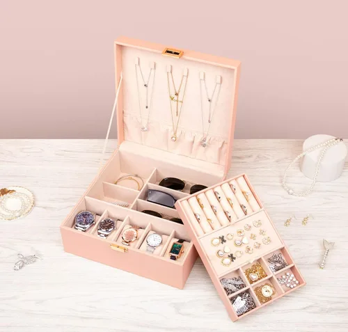 Miniatura 7 de Voova Joyero organizador para mujeres y adolescentes, estuche grande de almacenamiento de 2 capas, soporte de joyería de piel sintética con bandeja
