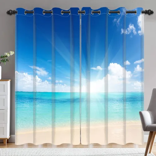 Miniatura 14 de Renaiss Cortinas opacas con diseño de mar tropical, nublado, cielo azul y verde azulado, estrella de mar transparente en playa arenosa, sala