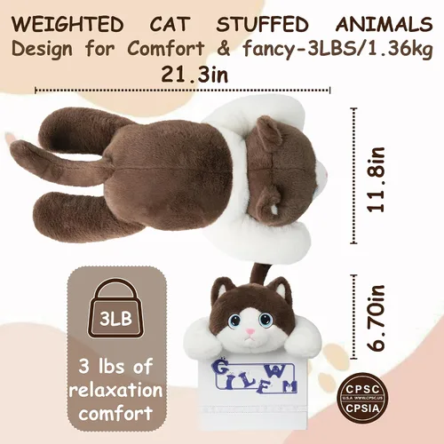 Miniatura 3 de GILFWM Animales de peluche con peso de gato - 21.3" Almohada de juguete linda, regalos de peluche para niños, niñas y adultos, 3 lbs, felpa suave