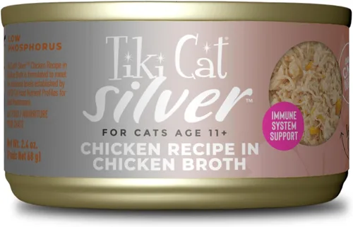 Tiki Cat Silver Comfort Shreds, receta de pollo en caldo de pollo, apoyo del sistema inmunológico formulado para gatos mayores de 11 años, comida
