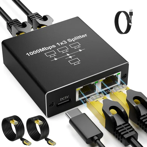 Miniatura 13 de Divisor Ethernet Gigabit 1 a 2, Divisores de cable LAN, interruptor Ethernet RJ45 de alta velocidad de 1000 Mbps con cable de alimentación USB C