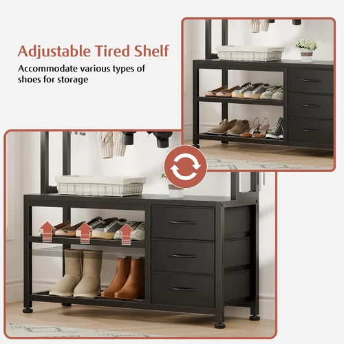 Miniatura 8 de Lulive Perchero de pie con banco y almacenamiento de zapatos, perchero independiente de 31.5" con estante de almacenamiento de 2 niveles, banco