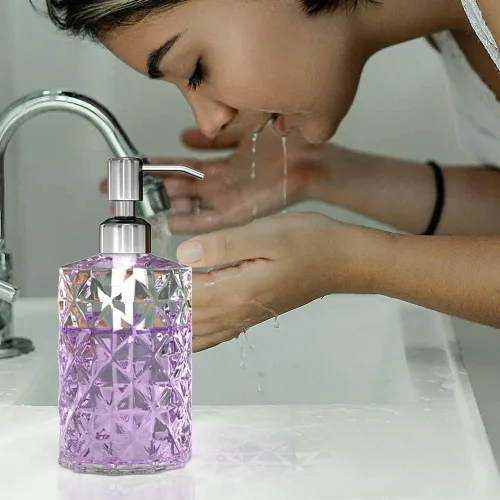 Miniatura 4 de GLADPURE Dispensador de jabón - paquete de 2 dispensadores de jabón de manos de vidrio transparente, 12 onzas de capacidad, con diseño de diamante