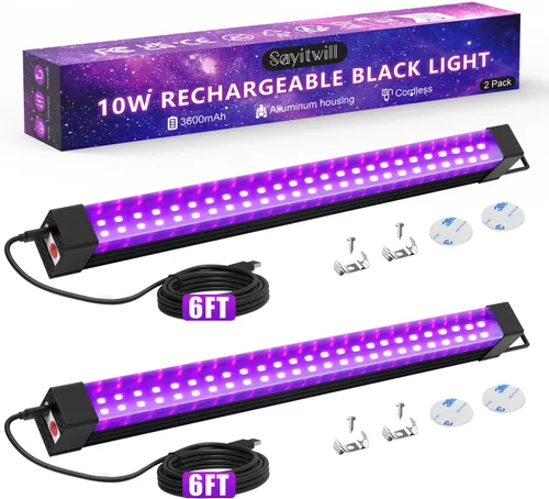 Barra de luz negra recargable, paquete de 2 unidades, luces negras alimentadas por batería para fiesta brillante, tira de luces UV inalámbricas con