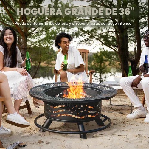 Miniatura 3 de Panovue - Fogata de 36 pulgadas con 2 rejillas de cocina, parrilla de acero redonda para leña al aire libre, con tapa, para barbacoa, fogata, pícnic