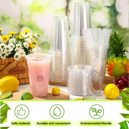 Miniatura 6 de Eaasty Juego de 50 vasos de plástico transparente de 20 onzas con cuchara, pajitas y tapas planas, desechables, para café helado, postre, yogur