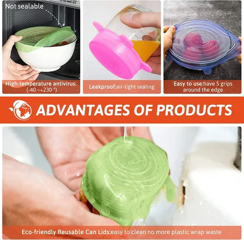 Miniatura 5 de Tapas elásticas de silicona – 12 tapas de silicona para almacenamiento de alimentos – Cubiertas redondas flexibles de silicona – Cubierta