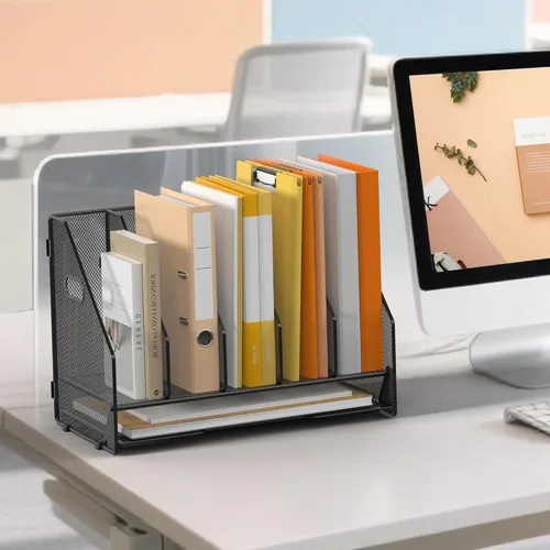 Miniatura 8 de Organizador de Carpetas de Archivos de Escritorio - 5 Compartimentos Verticales con Estantes y Bandeja para Cartas de Papel, Clasificador de Negro
