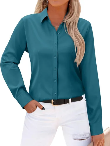 Miniatura 18 de Gleeivy - Camisas abotonadas para mujer, sin arrugas, de manga larga, camisas de vestir casuales con cuello V, ajustadas, de un solo