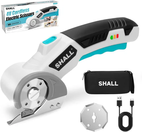Miniatura 8 de SHALL Tijeras eléctricas inalámbricas de 4 V, cortador de cartón recargable, cortador de caja eléctrico giratorio con bloqueo de seguridad, luz LED