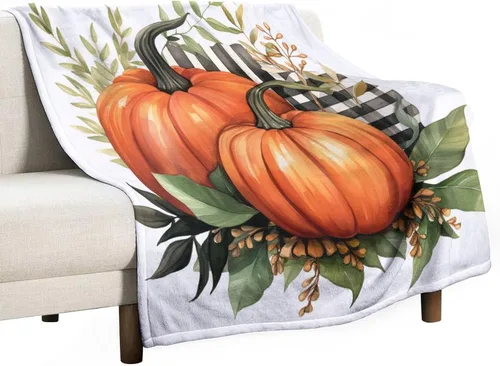Miniatura 29 de Manta de lana cuadriculada con diseño de calabaza, hojas de arce, Acción de Gracias, manta de cama para otoño, Acción de Gracias, ligera, súper