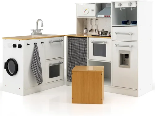 Miniatura 9 de Costzon Cocina de Juego de Esquina de 2 Piezas, Cocina de Juego de Madera con Lavadora, Luz y Sonido Realistas, Cafetera, Estufa y Accesorios