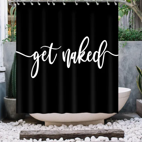 Miniatura 12 de Cortina de ducha divertida y linda con texto en inglés «Get Nake», fondo gris, palabras blancas, lavable a máquina, juego de decoración de baño