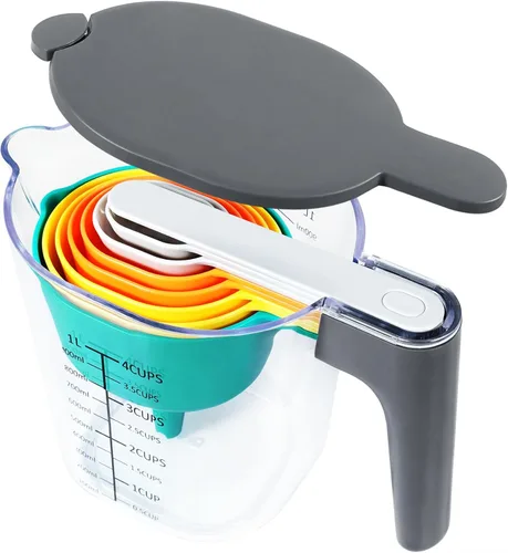 Miniatura 15 de Juego de 19 piezas de tazas medidoras y cucharas, incluye 10 tazas medidoras apilables con tapa y 9 cucharas medidoras magnéticas, cucharada para 19