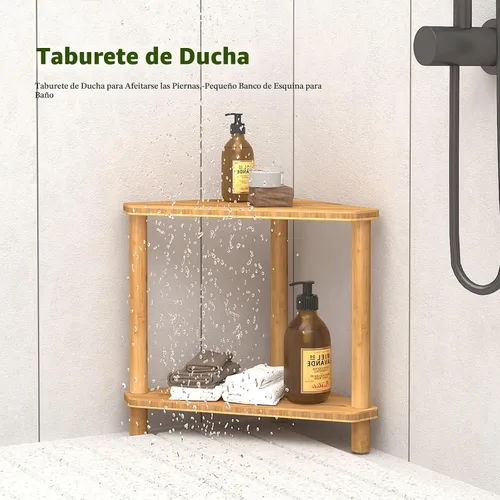 Miniatura 5 de Taburete de ducha de bambú de esquina, taburete de ducha impermeable de 2 niveles para dentro de la ducha, para afeitar las piernas, espacios
