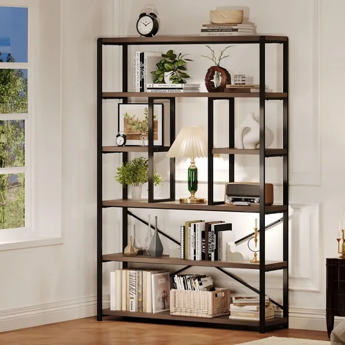 Miniatura 10 de LVB - Estantería alta de 6 niveles en negro, moderna y amplia estantería de almacenamiento, estante de madera y metal industrial de 6 estantes