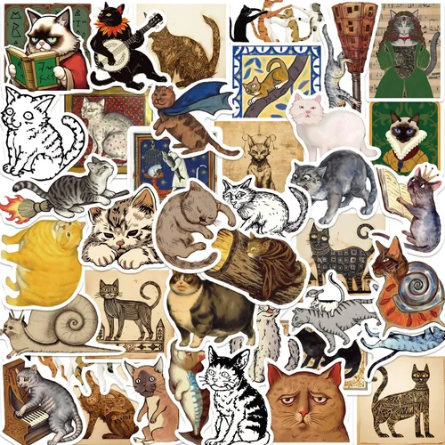 Calcomanías de gato medieval, calcomanías de gato con memes divertidos para botellas de agua y laptops, calcomanías mágicas de fantasía