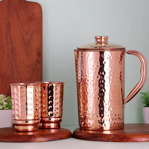 Miniatura 4 de Jarra de cobre de 50.72 onzas con 2 tazas de cobre Juego de jarra de agua de cobre puro y tazas a juego para el hogar y el bienestar, acabado