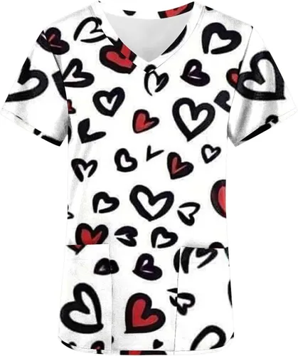 Miniatura 3 de Camisetas de uniforme de trabajo con cuello en V y estampado de amor para el día de San Valentín para mujer, blusas con bolsillos