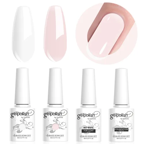 Vishine Manicura Francesa Gel de Uñas Blanco Francés Rosa Pálido Juego de 4 Piezas, Gel UV LED Capa Base Capa Superior Kit de Inicio de Colores de