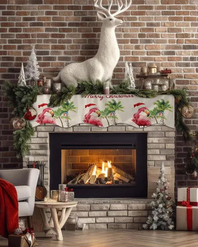 Miniatura 2 de Bufanda de manto de Feliz Navidad, 60 x 17 pulgadas, flamenco tropical, palmera, chimenea, mantel de chimenea, cubierta de mantel para Navidad