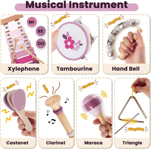 Miniatura 4 de BUYGER Instrumentos musicales para bebés con xilófono, juegos de instrumentos de percusión de madera con bolsa de almacenamiento, regalos educativos