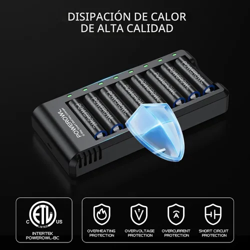 Miniatura 7 de Powerowl Cargador de Batería de 8 Compartimentos AA AAA, Carga USB de Alta Velocidad, Compartimento Independiente, para Baterías Recargables Ni-MH