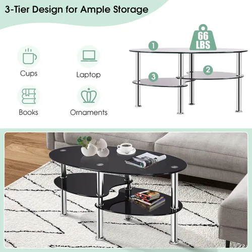 Miniatura 6 de COSTWAY Mesa auxiliar de cristal, mesa auxiliar de sofá de 3 niveles con patas de tubo de metal y estantes abiertos, moderna mesa auxiliar ovalada