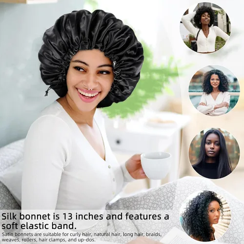 Miniatura 4 de Gorro de seda de satén para cabello rizado, gorro trenzado para dormir, para mujer, grande, doble capa ajustable (2 unidades, negro)