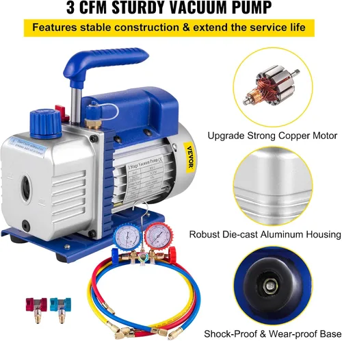 Miniatura 3 de VEVOR 3CFM 1/4HP Bomba de vacío de aire de una sola etapa HVAC R134a R12 R22 R410a Kit de refrigeración para A/C. Juego de manómetros de colector AC