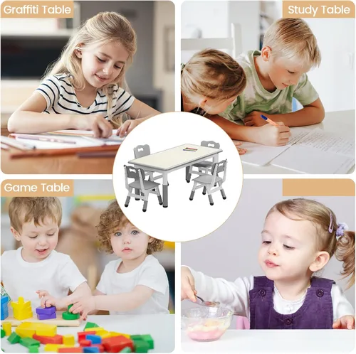 Miniatura 7 de Juego de mesa y 4 sillas para niños, mesa y sillas ajustables en altura para niños de 2 a 10 años, escritorio con graffiti, patas antideslizantes