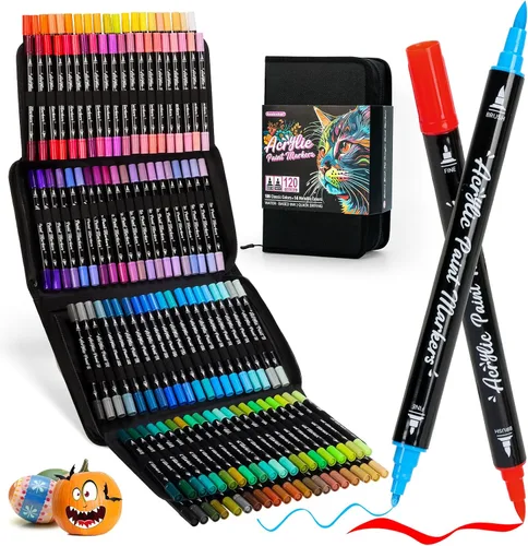 Marcadores de pintura acrílica, 120 colores de doble punta con pincel y puntas finas para pintura de rocas, vidrio, madera, cerámica, lienzo,