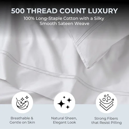 Miniatura 2 de Sábanas de Cama de Algodón 100% Natural Juego de Sábanas Cal King de Tejido Satén de Una Sola Capa 500 TC Ropa de Cama Sólida Transpirable e
