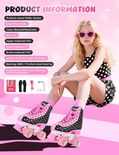 Miniatura 5 de SULIFEEL Patines de ruedas para niñas y mujeres con ruedas iluminadas y patrón de lunares, patines para niños y adultos para uso en interiores y al
