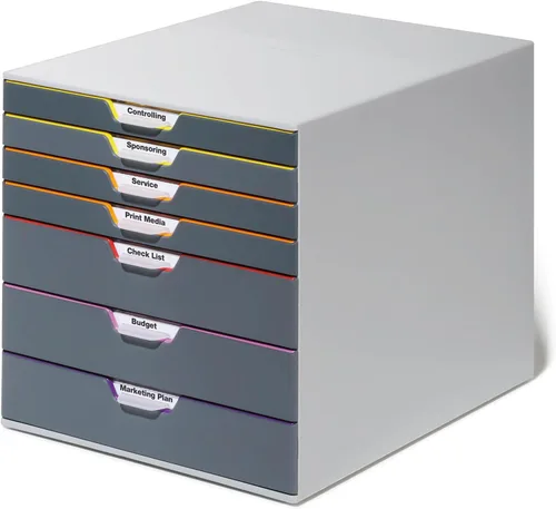 Durable Varicolor - Cajonera de 7 cajones de escritorio gris con 7 dibujos codificados por colores, archivos de tamaño carta a folio, perfecto para