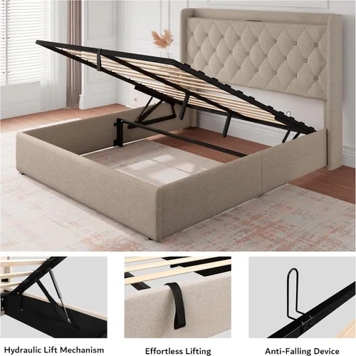 Miniatura 5 de iPormis Base de cama de almacenamiento elevable de tamaño completo con estación de carga, base de cama de plataforma tapizada con cabecera capitoné