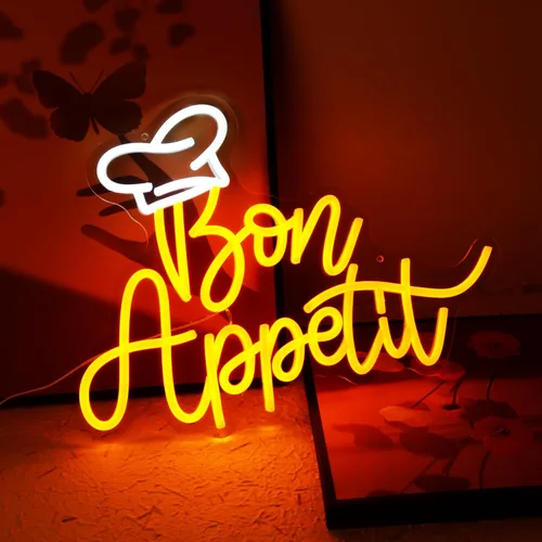 Miniatura 3 de Bon Appetit - Letrero LED con sombrero de chef, letras doradas, luces de neón para restaurante, estilo francés, neón regulable, LED, "16.5 x 12.6