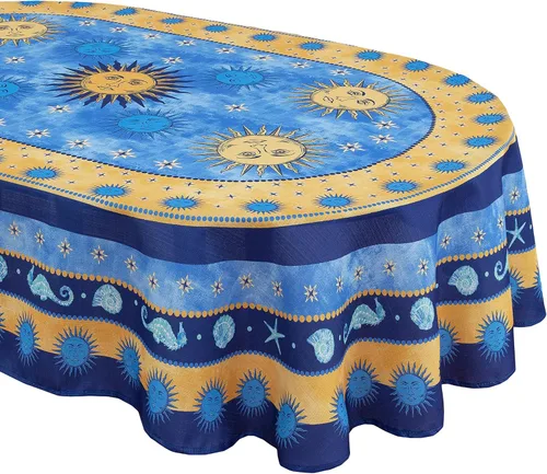 Miniatura 13 de Home Bargains Plus Mantel rectangular de tela mediterránea con sol azul de 60 x 120 pulgadas, diseño de borde de medallón costero, resistente a