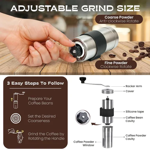 Miniatura 2 de Molinillo de café manual – 18 ajustes ajustables, molinillo cónico de grano de café de acero inoxidable, portátil, duradero y apto para viajes