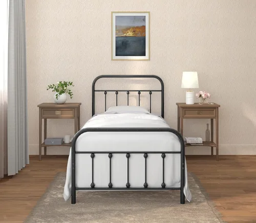 Miniatura 16 de AMBEE21 Golden Gate Beds Marco de Cama de Metal de Estilo Vintage Tamaño King con Cabecera y Pie de Cama de Hierro Forjado – Cama de Plataforma Negro