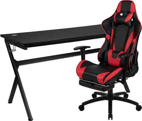 Miniatura 23 de Flash Furniture Juego de escritorio para juegos negro y silla de carreras blanco/negro con soporte para tazas, gancho para auriculares y soporte