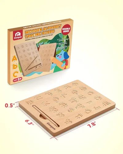 Miniatura 7 de Coogam Tabla de práctica de letras de madera, herramienta de rastreo del alfabeto de doble cara, herramienta de aprendizaje de escritura ABC, juego