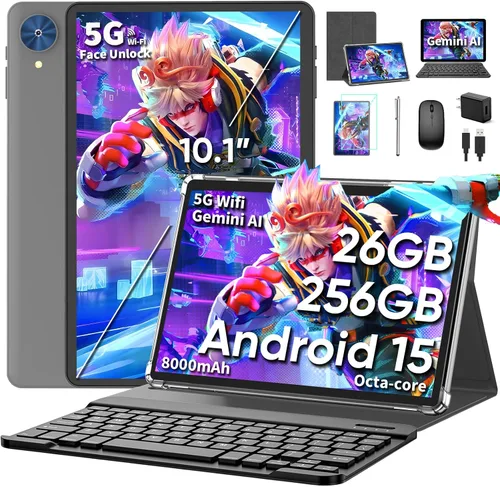 Tablet de 10 pulgadas, tableta Android 15 2026 con teclado, 26GB+256GB+2TB Expand, Tablets PC con Gemini AI, Octa-Core, 8000mAh, WiFi 5G, Widevine