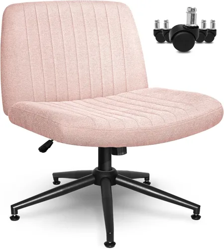 Miniatura 6 de Orange Factory Silla con Ruedas Cruzadas de Patas Cruzadas Anchas para Escritorio de Oficina y Tocador, Base Doble, Tela Cómoda, Sin Brazos, Base