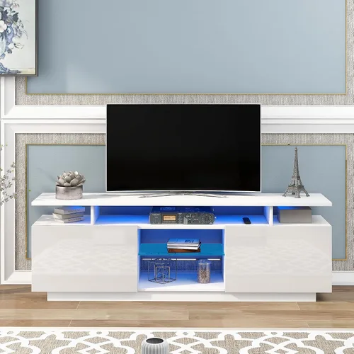 Miniatura 29 de Soporte de TV versátil de alto brillo con luces LED que cambian de color y 2 estantes de vidrio templado, centro de entretenimiento para televisores