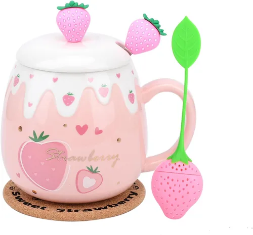 Taza rosa, lindas tazas de fresa con cuchara coladora de tapa, regalos para mujeres, tazas de café de cerámica, taza de té Kawaii de 15 onzas para
