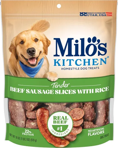 Miniatura 22 de Milo's Kitchen Homestyle - Golosinas para perros, rebanadas de salchicha de pollo y manzana, 18 onzas, altas en proteínas, sin sabores artificiales