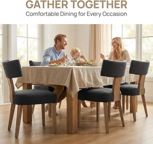 Miniatura 3 de HNY Juego de 6 sillas de comedor modernas de mediados de siglo, sillas decorativas tapizadas de lino de granja, sillas de cocina con respaldo Carbón